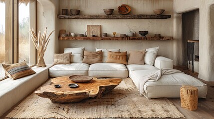 Boho modern living room, minimalist. Beige sofa, live edge coffee table.