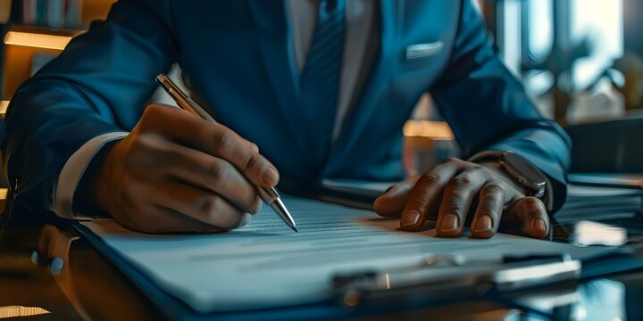 A businessman signs a contract symbolizing the finalization of a business deal. Concept Business Agreements, Successful Deals, Formal Agreements, Business Partnerships