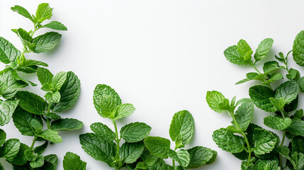 Fresh mint leaf isolated on white background, A giant sprig of lit mint, Aromatic spearmint growing in field, Mint leaves background. Green mint leaves pattern layout design. Ecology natural creative. - obrazy, fototapety, plakaty