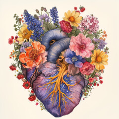 Set of flowers and hearts in drawing style, generative ai
