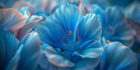 There is a blue flower that is in the middle of a dark background.