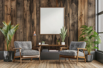 Office design Boho Office armchair with a desk near paneling wall in Flexible Furniture. - obrazy, fototapety, plakaty