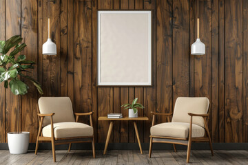 Office design Boho Office armchair with a desk near paneling wall in Zen Spaces. - obrazy, fototapety, plakaty