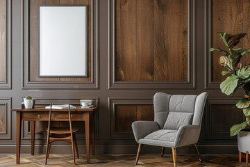 Office design Mid century armchair with a desk near paneling wall in Dynamic Spaces. - obrazy, fototapety, plakaty