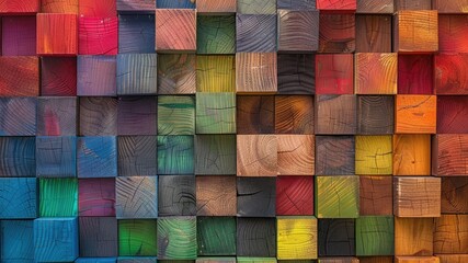 Vibrant 3D wooden cubes backdrop, geometric rainbow texture. Ideal for wallpaper, banners