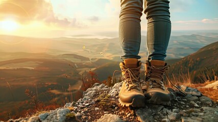 Hiker couple's feet resting atop mountain - adventure, nature, and relaxation in scenic landscape view. - obrazy, fototapety, plakaty