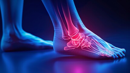 joint diseases, hallux valgus, plantar fasciitis, heel spur. Depicts a woman's leg in pain, emphasizing foot health issues