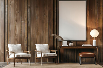 Office design Modern design armchair with a desk near paneling wall in Natural Materials. - obrazy, fototapety, plakaty