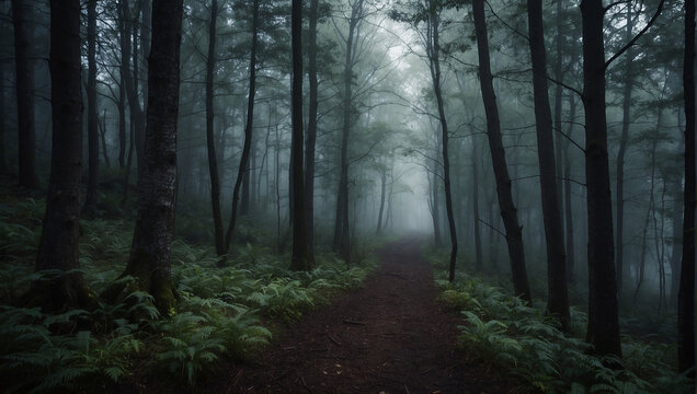 A photo of a path through a dark forest with tall tress and ferns on either side

