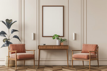 Office design Scandinavian Office armchair with a desk near paneling wall in Smart Homes. - obrazy, fototapety, plakaty