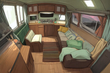 the interior of a camper van. Generative AI