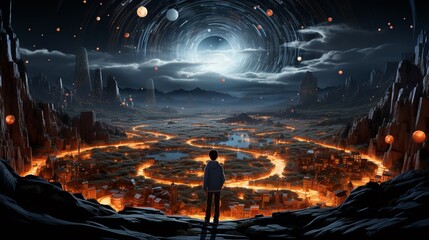 Surreal scene of a person walking through a portal into a blockchain-powered world