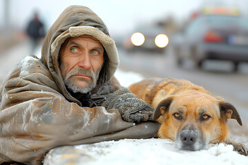 Homeless man on city street. Old sad man on cardboard in torn clothes hugging his dog seeking help, hungry poor person concept