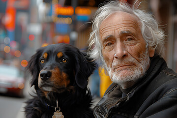 Homeless man on city street. Old sad man on cardboard in torn clothes hugging his dog seeking help, hungry poor person concept