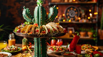 A cactus holding a tray overflowing with tacos and other Mexican food. Cinco de Mayo holiday
