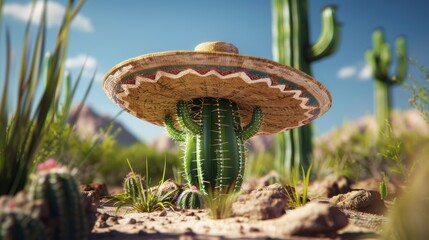 A cactus wearing a giant sombrero that covers its entire body. Cinco de Mayo holiday