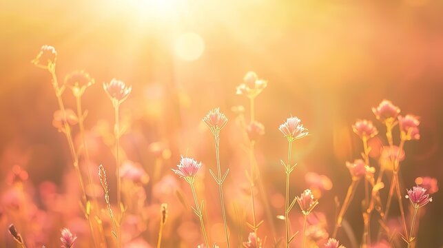 A field of grass flowers light up by a sunset golden evening light. An inspirational nature image for aesthetic of autumn and fall design. Autumn nature in pastel earth tone blurred background.