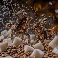 Coffee beans as valiant knights jousting atop sugar cube steeds, a caffeine-fueled tournament - obrazy, fototapety, plakaty