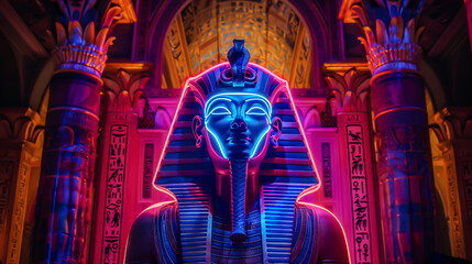 A medieval tapestry featuring the Sphinx, illuminated by neon lights, merging ancient myths with modern glow