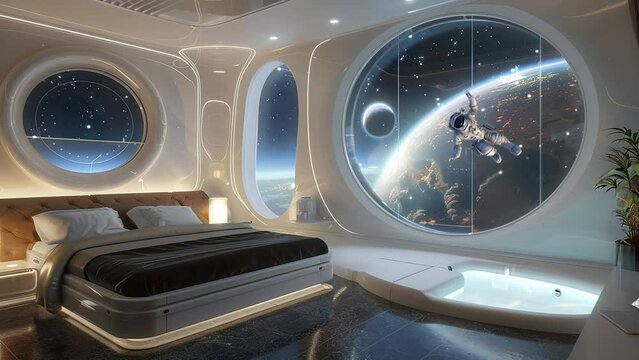 astral retreat Indulge in opulence in a space station. seamless looping overlay 4k virtual video animation background