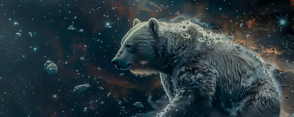 On a spacecraft, a bear shaving with meteor fragments, each swipe casts star dust across the cosmos, blending life and space - obrazy, fototapety, plakaty