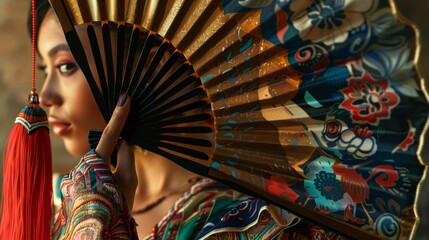 Dancer Holding a Fan: A dancer holding a decorative fan with colorful patterns, adding a touch of...