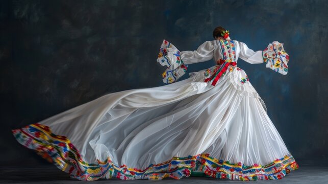 A flowing white dress with long sleeves and a full skirt, decorated with colorful floral patterns and ribbons, often associated with spring festivals,Mexican dance