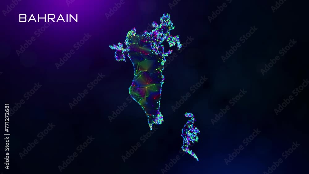 Poster futuristic motion reveal bahrain map polygonal blue purple colorful connected lines and dots network