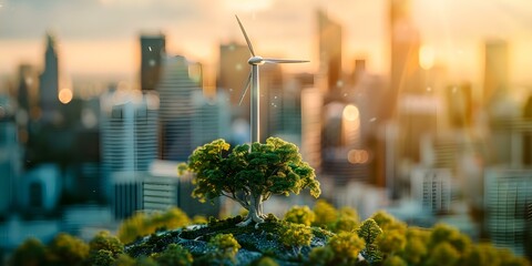 A miniature tiltshift photo of a sustainable corporate world emphasizing ec. Concept Tiltshift Photography, Sustainable Corporate World, Miniature, Eco-Friendly, Environmental Conservation