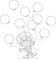 Funny curly-headed circus clown playing with holiday balloons in a fun performance, black and white vector cartoon illustration for a coloring book