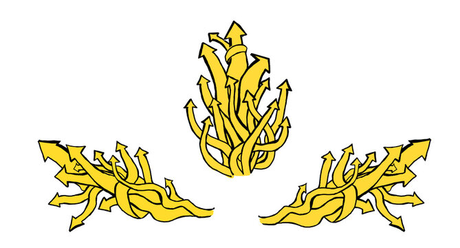 A hand-drawn illustration of yellow arrows on a white background, depicting concept of direction or growth