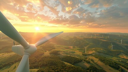 View from the top of a wind turbine overlooking a green fields and other wind turbines. Overlooking wind turbines and green fields from the top of a towering wind turbine.