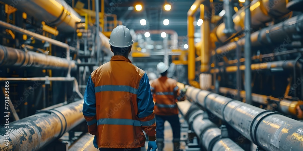 Poster inspectors and maintenance workers ensure safe operation of pipelines preventing potential issues an