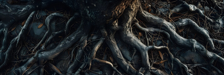 Gnarled Subterranean Forest Roots Sculpted by Time and Nature - obrazy, fototapety, plakaty