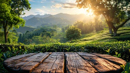 Round timber table surface with hazy tea farm scenery under blue sky and blurred foliage border. Display idea with organic backdrop. - obrazy, fototapety, plakaty