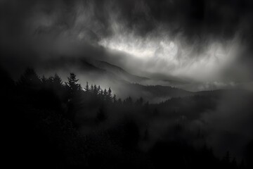 Majestic Monochrome Mountain Landscape Shrouded in Ethereal Fog and Dramatic Clouds