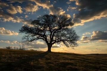 Fototapeta na wymiar Majestic Lone Tree Silhouetted Against Dramatic Sunset Sky