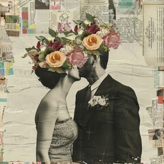Wedding couple in retro style with covered faces with flowers, collage
