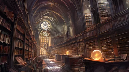 Stickers pour porte Vieil immeuble An ancient library filled with magical books, glowing orbs, and mystical artifacts. Shelves reach up to a high, vaulted ceiling, with soft light filtering through stained glass windows. Resplendent.