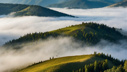 A green hill with trees and fog in the valley.

