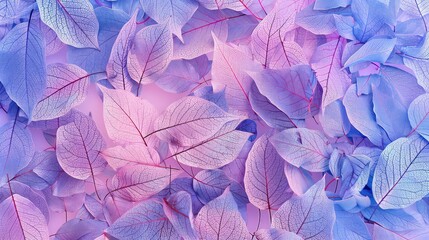 Many transparent silhouettes of skeleton leaves on multi-colored blue violet lilac and pink background, Generative AI