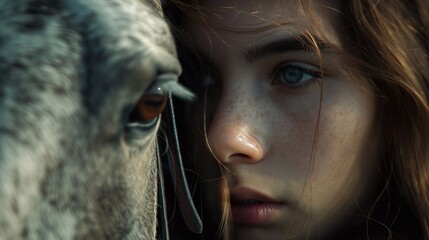 Sensual dramatic photo of a young girl looking into the eyes of a horse. Woman and horse establish mental connection - obrazy, fototapety, plakaty