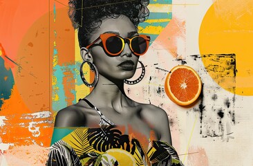 Beautiful african american woman with afro hairstyle and stylish sunglasse. The concept of a travel agency