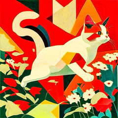 Mysterious cat, abstract surreal painting with  orange, red and cyan colors.  AI generative.