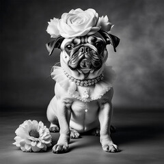 Portrait of a female pug wearing a flower-shaped hat. There is a necklace on the neck instead of a collar. Generative AI. - 771274299
