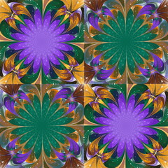 Pattern in stained-glass window style. Purple, green and beige palette. You can use it for invitations, notebook covers, phone cases, postcards, cards, wallpaper. Artwork for creative design. - 771274439