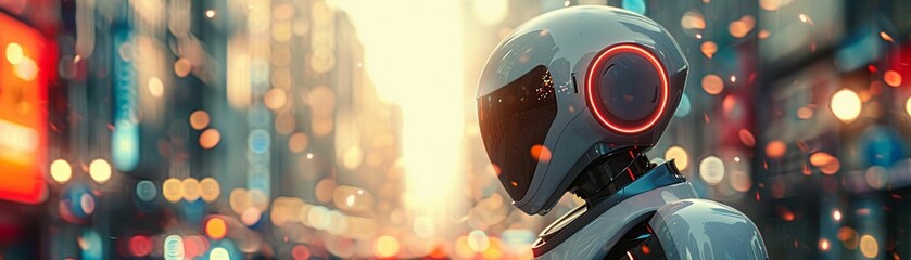 Android, metallic casing, humanoid appearance, bustling city streets filled with robot citizens, bustling city streets, 3D render, backlight, depth of field bokeh effect