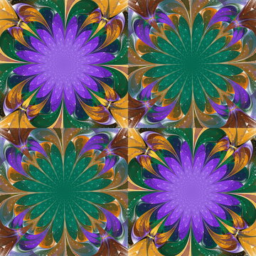 Pattern in stained-glass window style. Purple, green and beige palette. You can use it for invitations, notebook covers, phone cases, postcards, cards, wallpaper. Artwork for creative design.