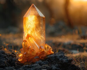 Crystal amulet, power source, alien technology, found in ruins, humans mesmerized, Photography, Golden hour, Vignette