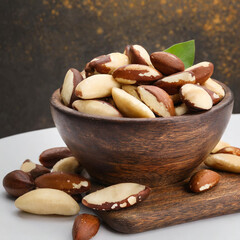 wooden bowl of tasty brazil nuts on white background